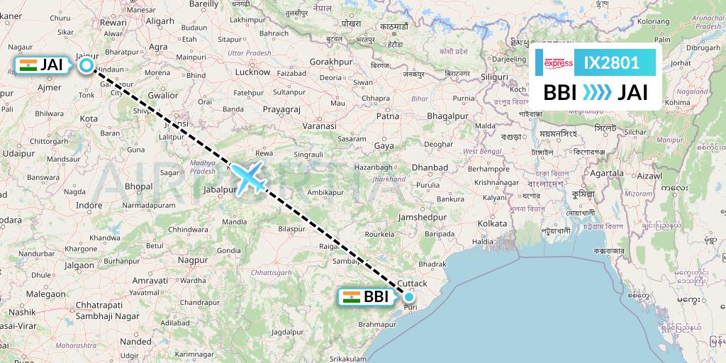 IX2801 Air India Express Flight Map: Bhubaneswar to Jaipur