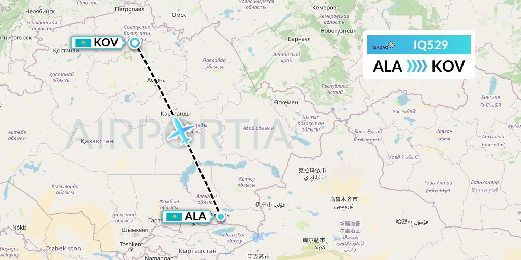 IQ529 Qazaq Air Flight Map: Almaty to Kokshetau