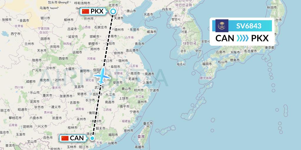 SV6843 Saudi Arabian Airlines Flight Map: Guangzhou to Beijing