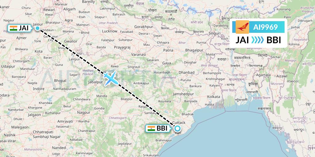 AI9969 Air India Flight Map: Jaipur to Bhubaneswar