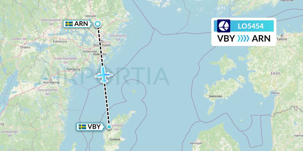 LO5454 LOT Flight Map: Visby to Stockholm