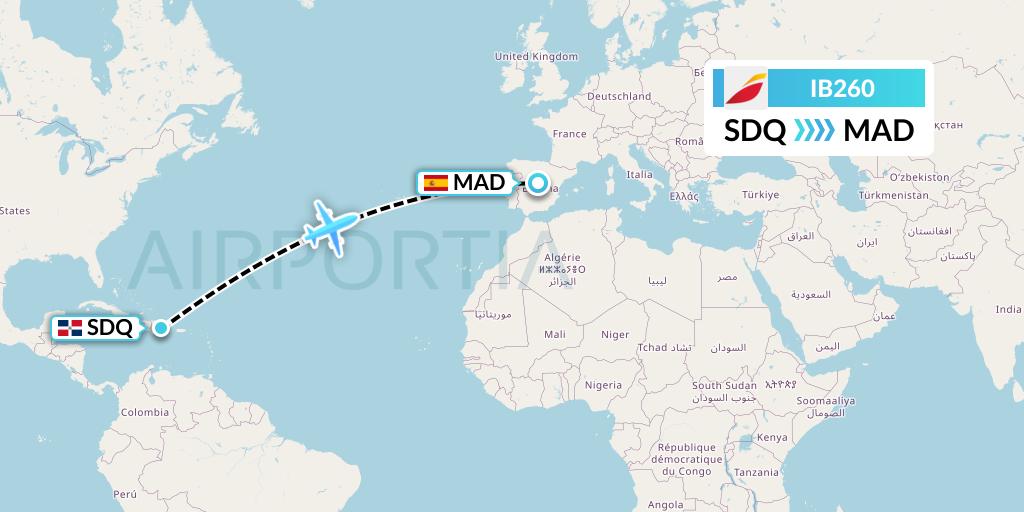 IB260 Iberia Flight Map: Santo Domingo to Madrid