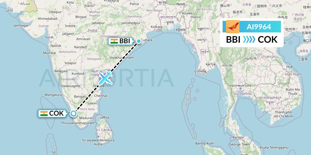 AI9964 Air India Flight Map: Bhubaneswar to Cochin