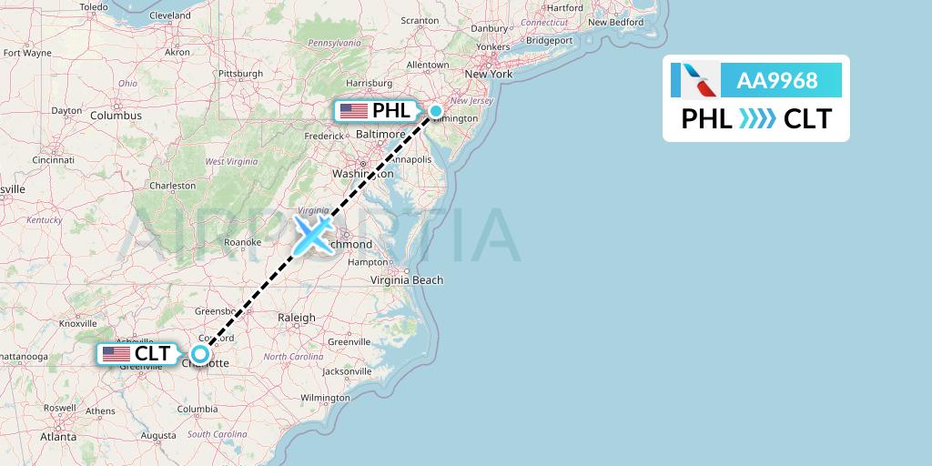 AA9968 American Airlines Flight Map: Philadelphia to Charlotte