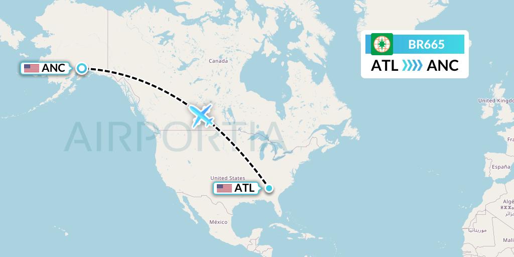BR665 EVA Air Flight Map: Atlanta to Anchorage