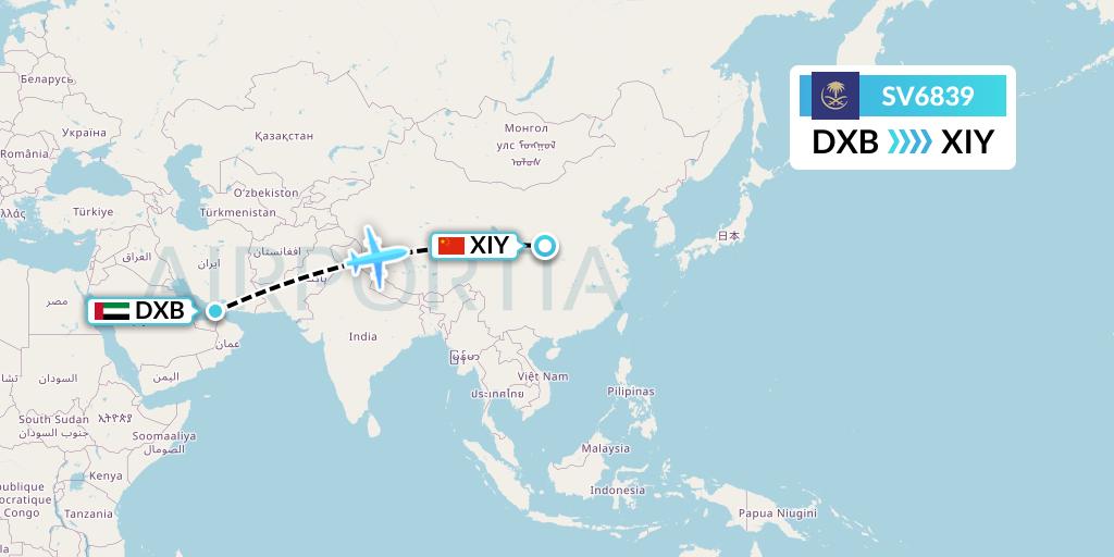 SV6839 Saudi Arabian Airlines Flight Map: Dubai to Xi'an