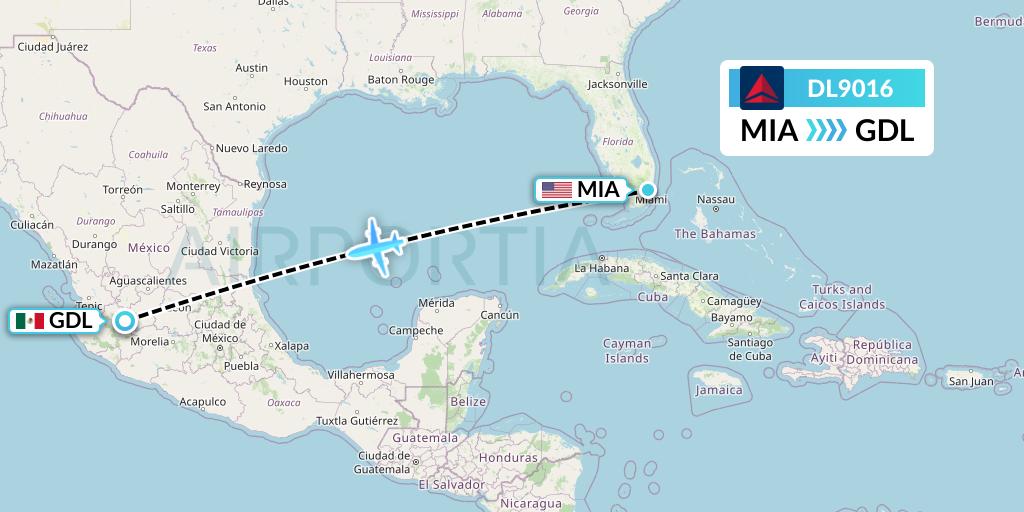 DL9016 Delta Air Lines Flight Map: Miami to Guadalajara