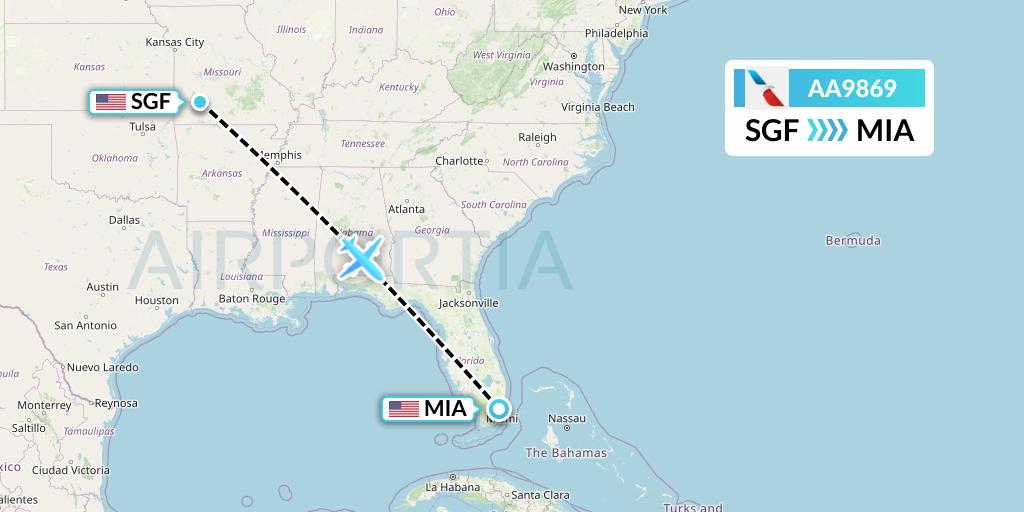 AA9869 American Airlines Flight Map: Springfield to Miami