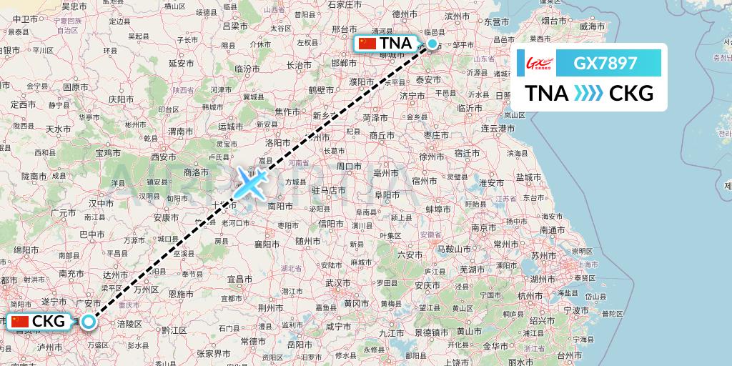 GX7897 GX Airlines Flight Map: Jinan to Chongqing