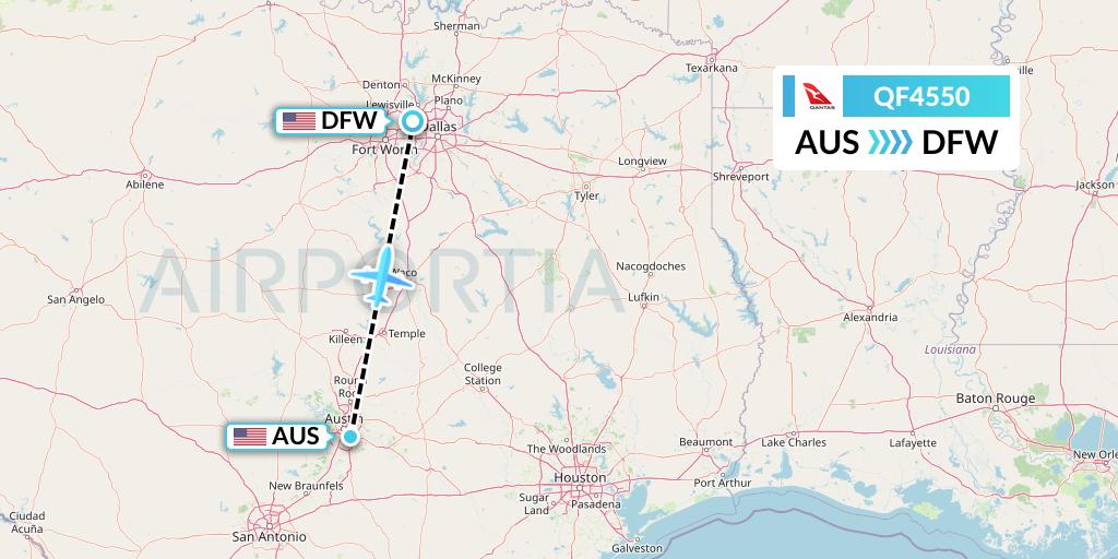 QF4550 Qantas Flight Map: Austin to Dallas