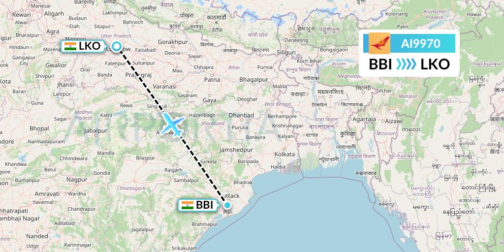 AI9970 Air India Flight Map: Bhubaneswar to Lucknow