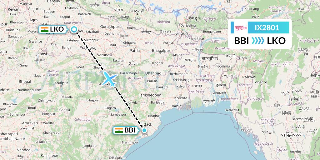 IX2801 Air India Express Flight Map: Bhubaneswar to Lucknow