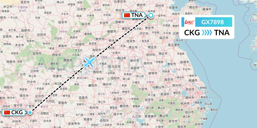 GX7898 GX Airlines Flight Map: Chongqing to Jinan