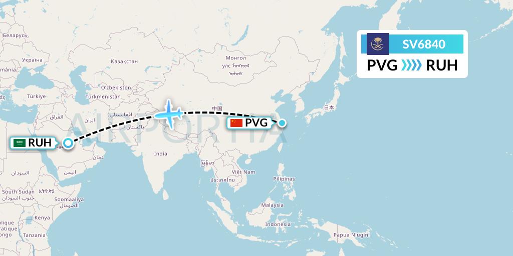 SV6840 Saudi Arabian Airlines Flight Map: Shanghai to Riyadh