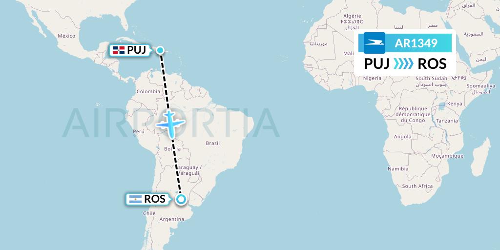 AR1349 Aerolineas Argentinas Flight Map: Punta Cana to Rosario