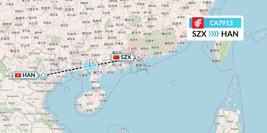 CA7913 Air China Flight Map: Shenzhen to Hanoi