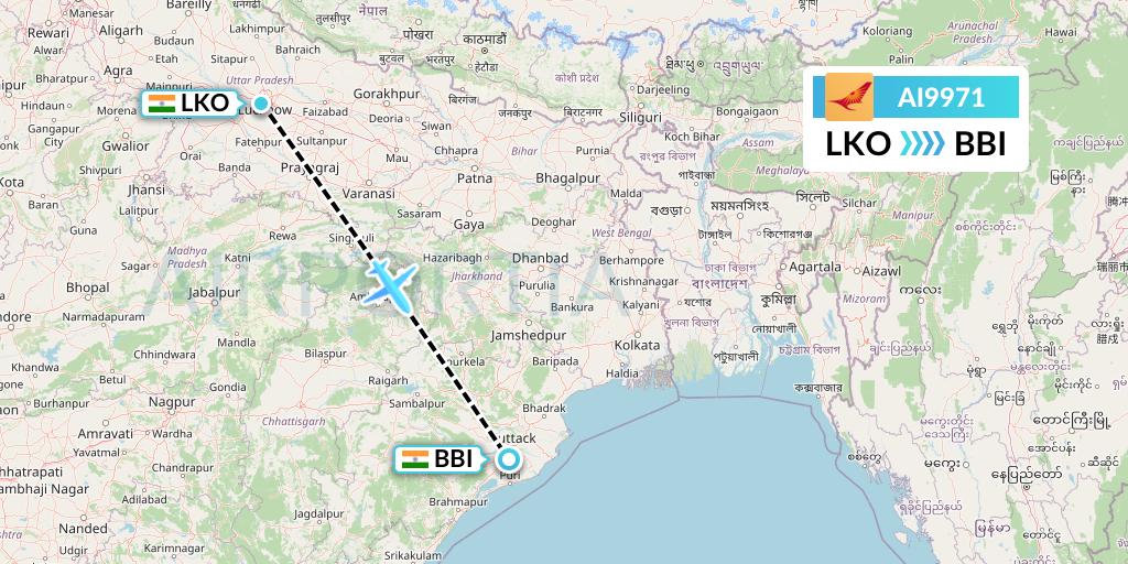 AI9971 Air India Flight Map: Lucknow to Bhubaneswar