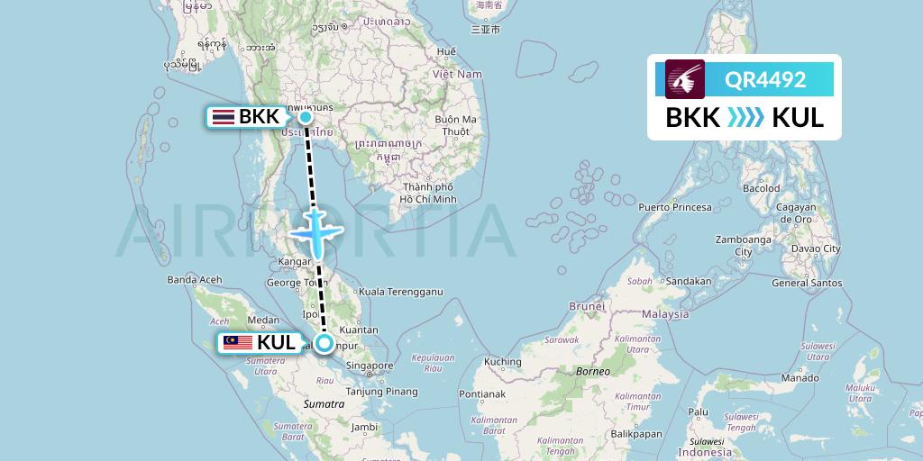 QR4492 Qatar Airways Flight Map: Bangkok to Kuala Lumpur