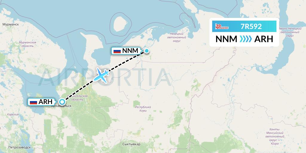 7R592 Rusline Flight Map: Naryan-Mar to Arkhangelsk
