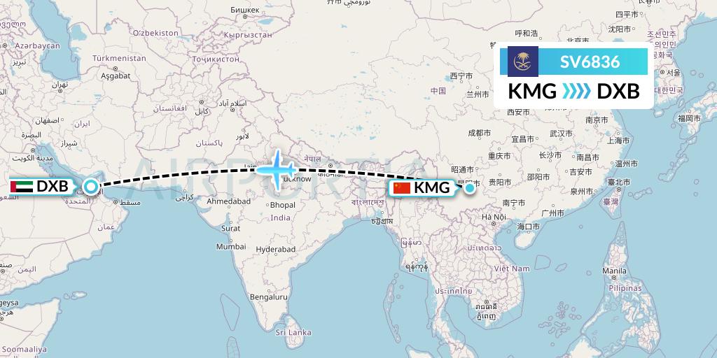 SV6836 Saudi Arabian Airlines Flight Map: Kunming to Dubai