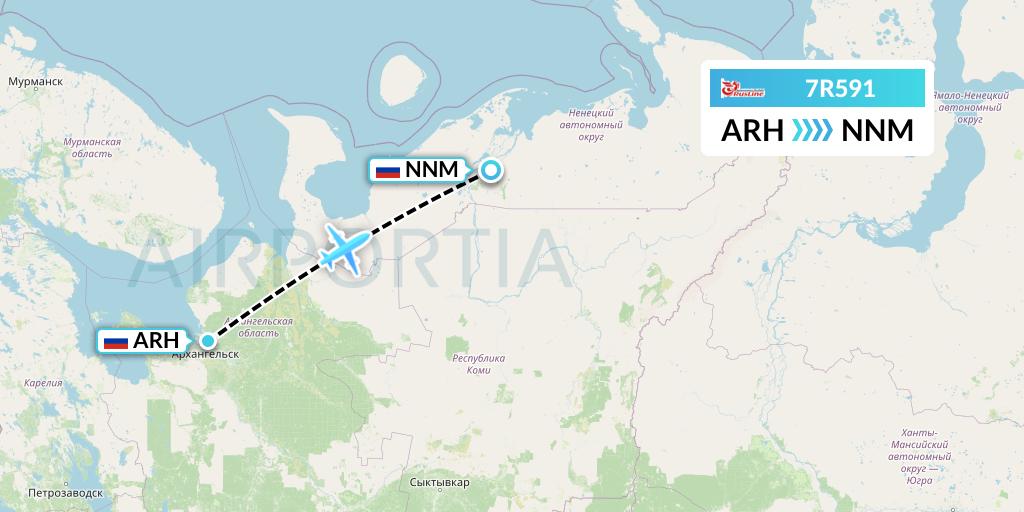 7R591 Rusline Flight Map: Arkhangelsk to Naryan-Mar