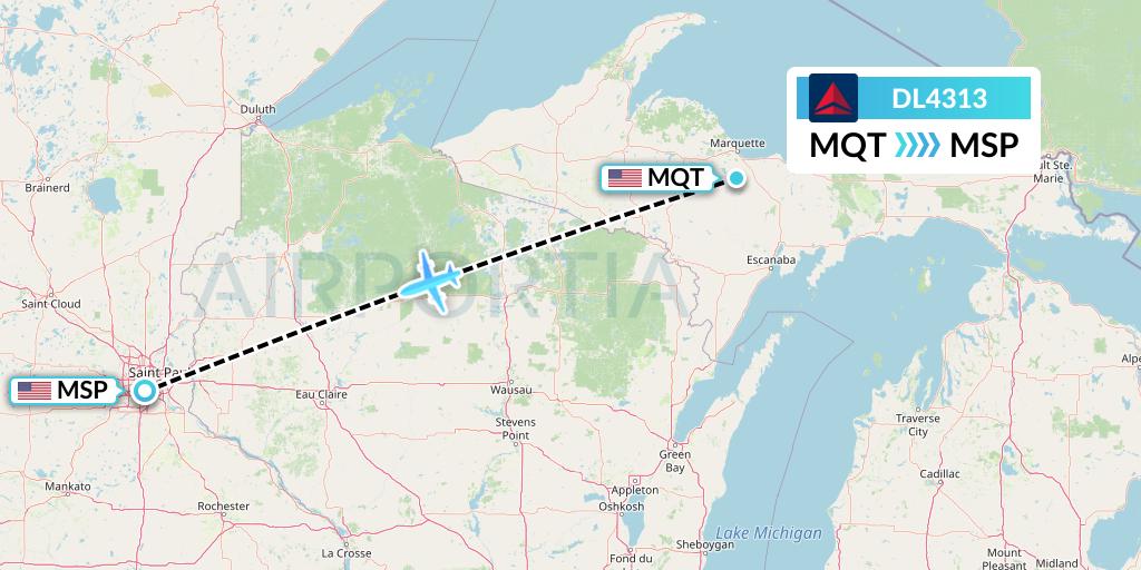 DL4313 Delta Air Lines Flight Map: Marquette to Minneapolis