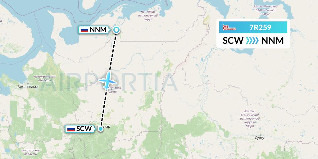 7R259 Rusline Flight Map: Syktyvkar to Naryan-Mar