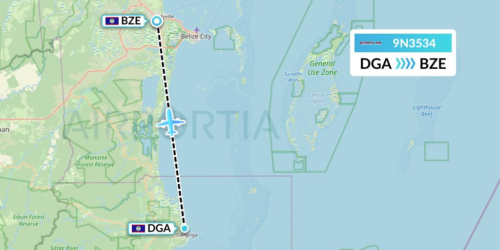 9N3534 Tropic Air Flight Map: Dangriga to Belize City