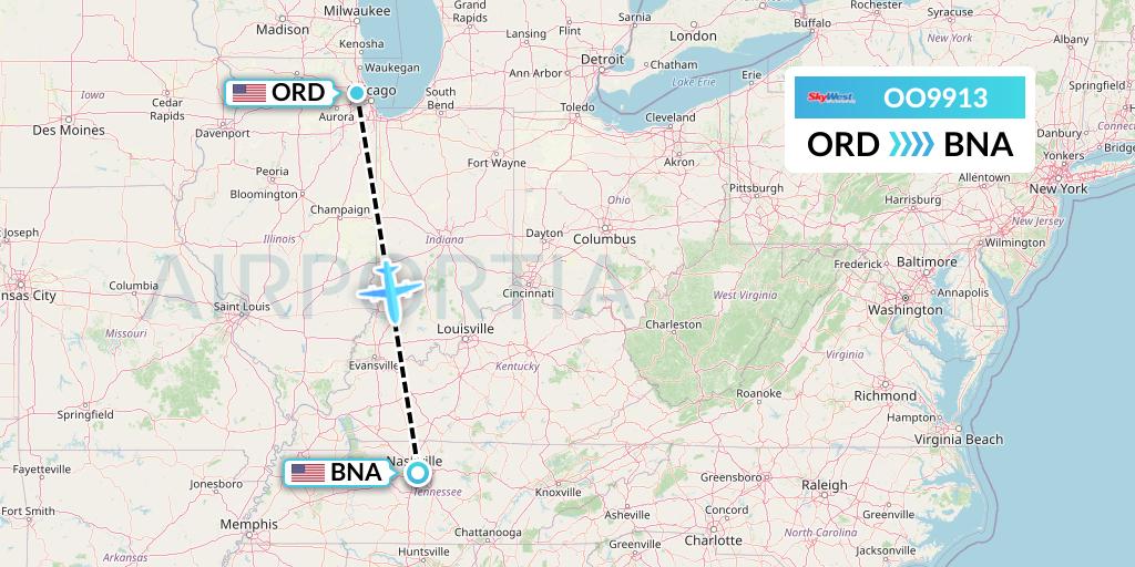 OO9913 SkyWest Airlines Flight Map: Chicago to Nashville