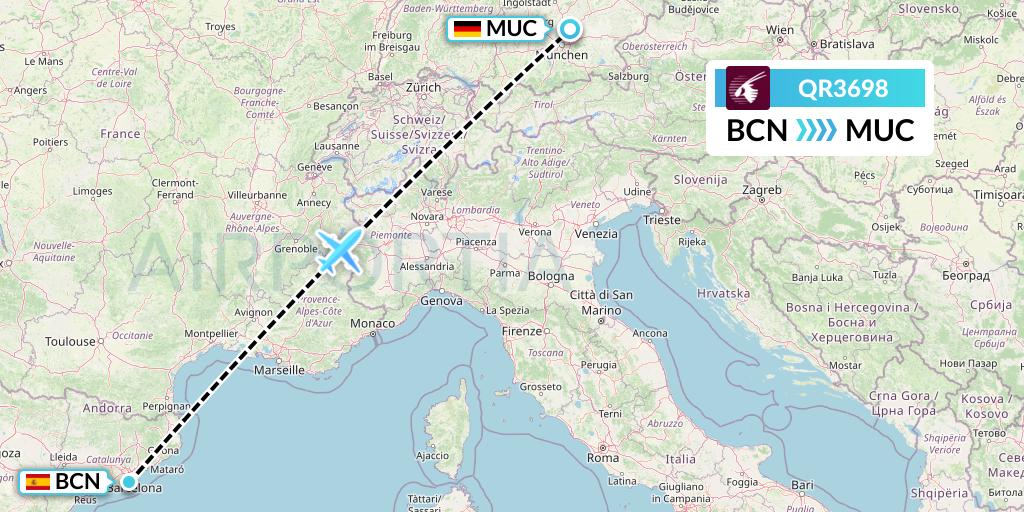 QR3698 Qatar Airways Flight Map: Barcelona to Munich
