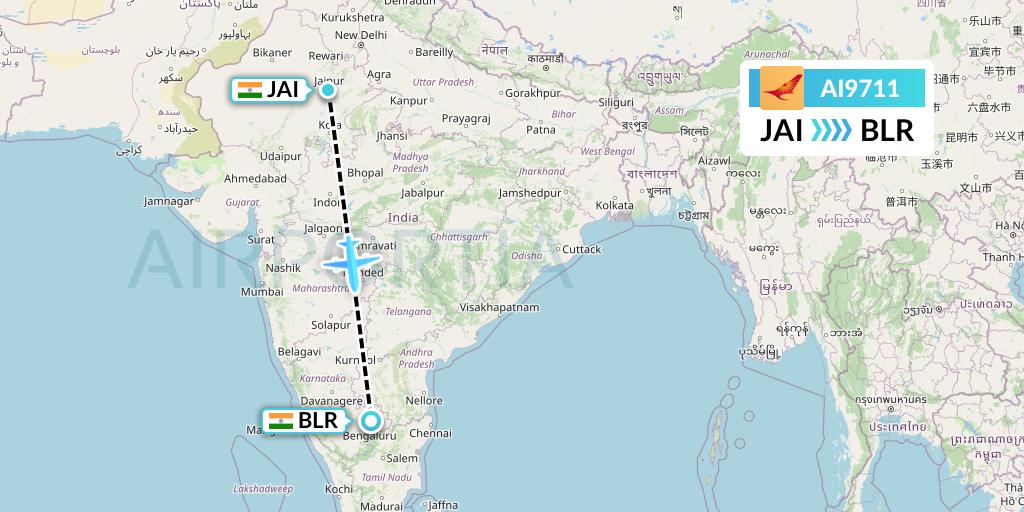 AI9711 Air India Flight Map: Jaipur to Bangalore