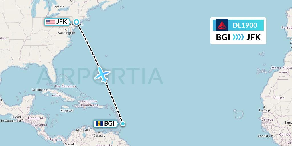DL1900 Delta Air Lines Flight Map: Bridgetown to New York
