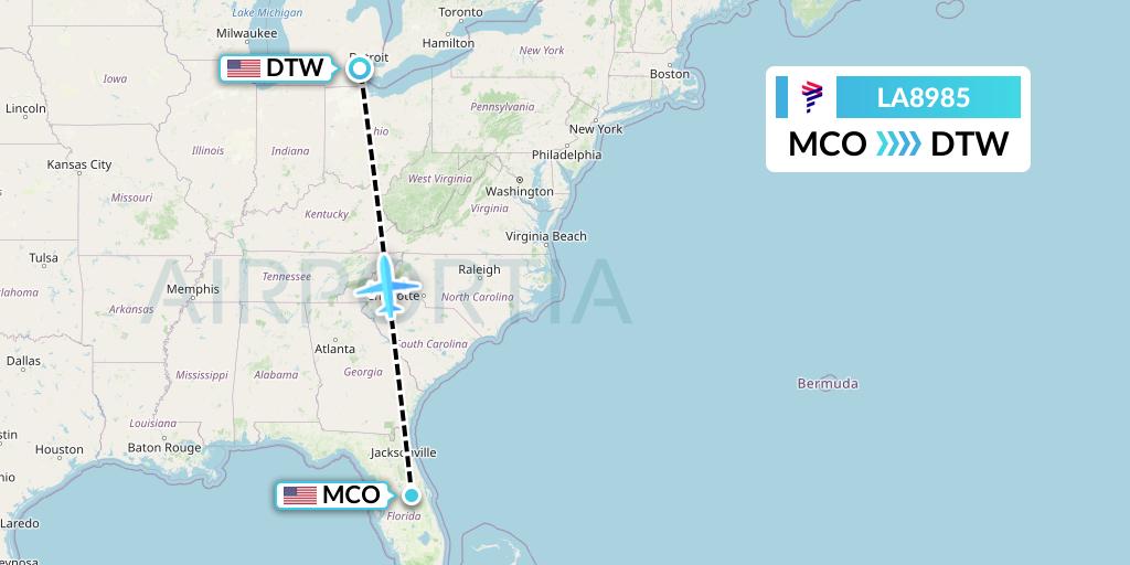 LA8985 LAN Airlines Flight Map: Orlando to Detroit