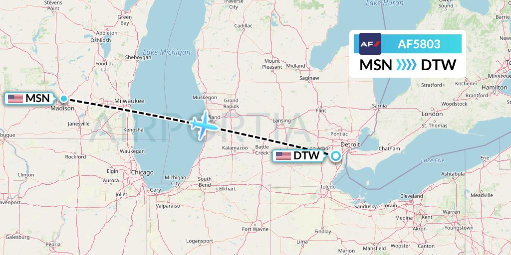 AF5803 Air France Flight Map: Madison to Detroit