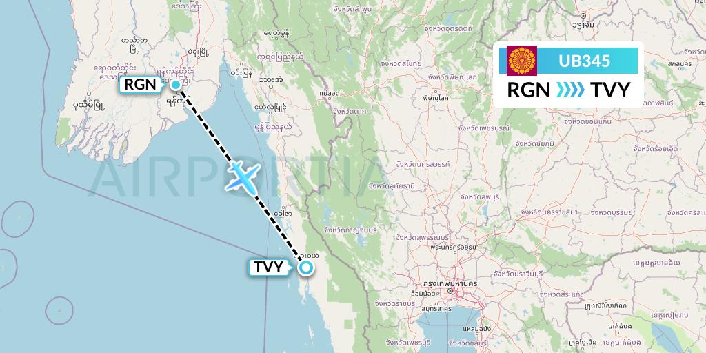 UB345 Myanmar National Airlines Flight Map: Yangon to Dawei