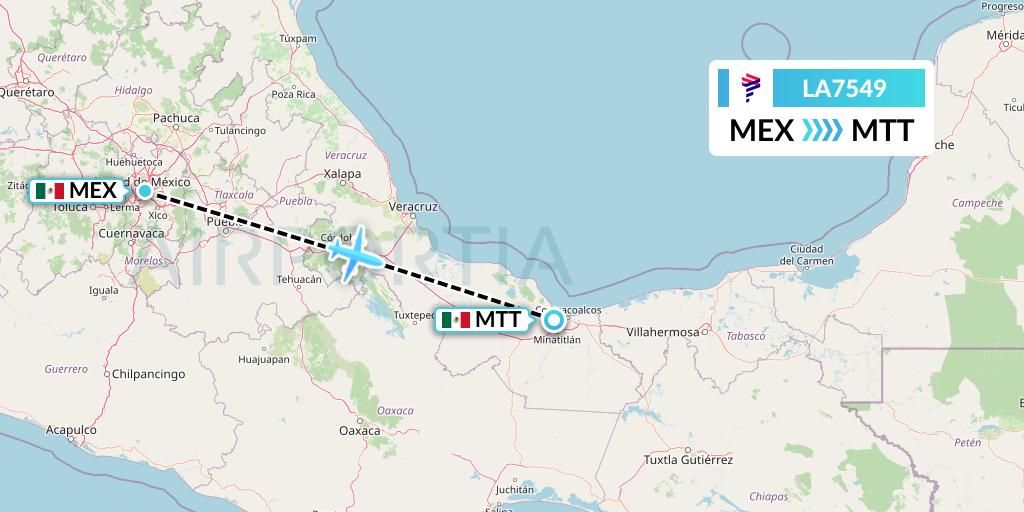 LA7549 LAN Airlines Flight Map: Mexico City to Minatitlan