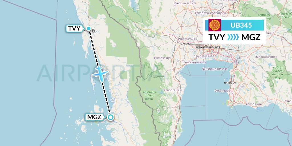 UB345 Myanmar National Airlines Flight Map: Dawei to Myeik