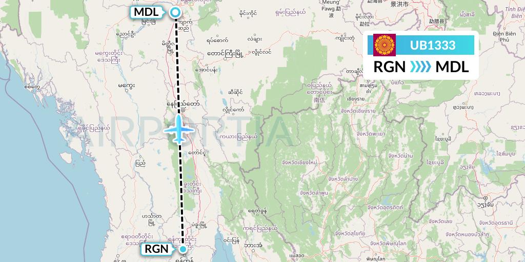 UB1333 Myanmar National Airlines Flight Map: Yangon to Mandalay