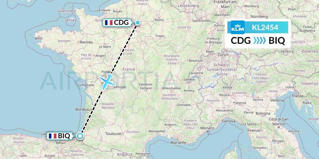 KL2454 KLM Flight Map: Paris to Biarritz