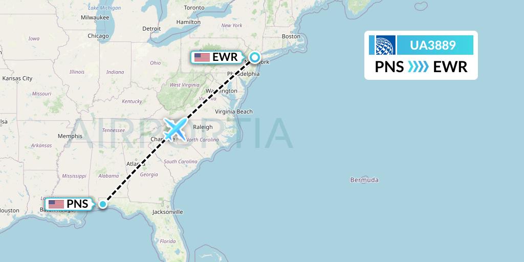 UA3889 United Airlines Flight Map: Pensacola to New York