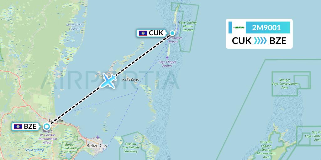 2M9001 Maya Island Air Flight Map: Caye Caulker to Belize City