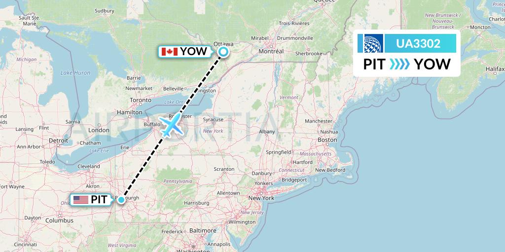 UA3302 United Airlines Flight Map: Pittsburgh to Ottawa