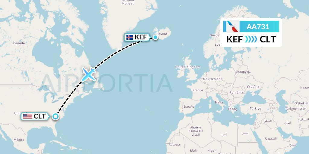 AA731 American Airlines Flight Map: Reykjavik to Charlotte