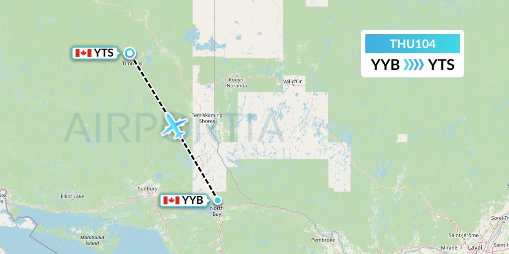 THU104 Thunder Airlines Flight Map: North Bay to Timmins