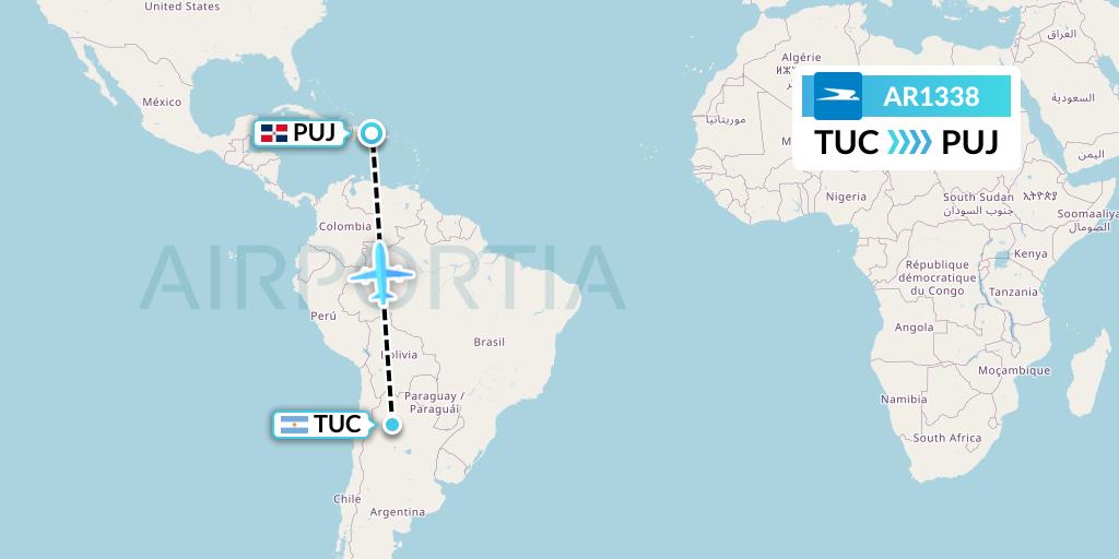 AR1338 Aerolineas Argentinas Flight Map: Tucuman to Punta Cana