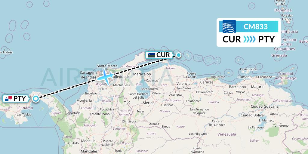 CM833 Copa Airlines Flight Map: Willemstad to Panama City