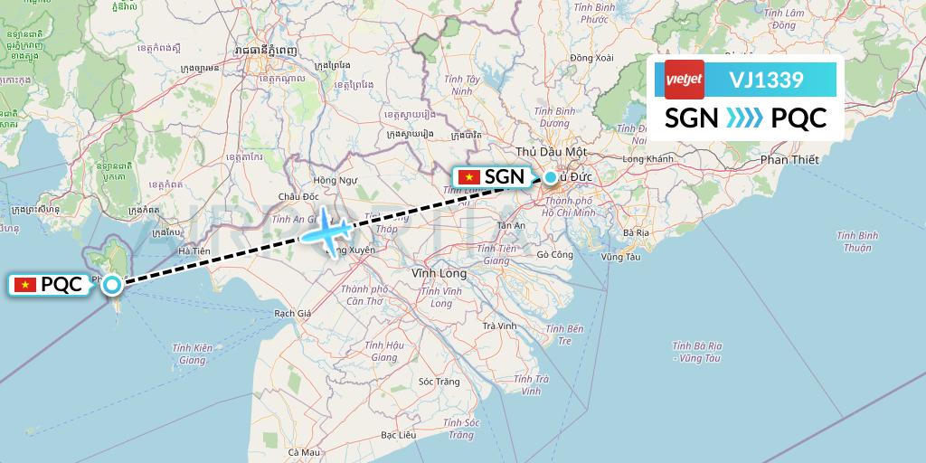 VJ1339 VietJet Air Flight Map: Ho Chi Minh City to Phu Quoc