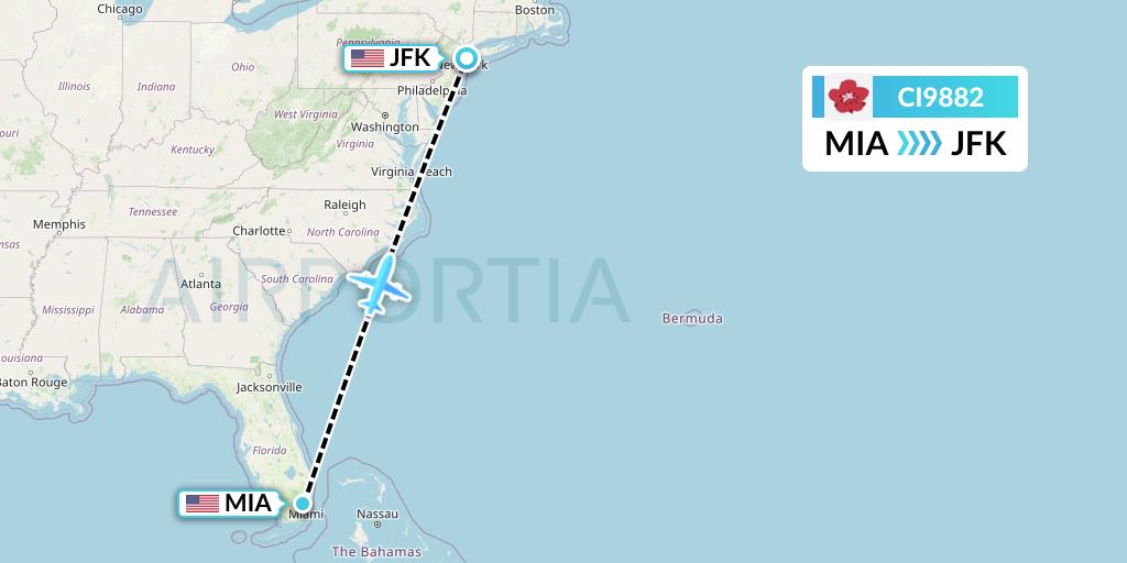 CI9882 China Airlines Flight Map: Miami to New York