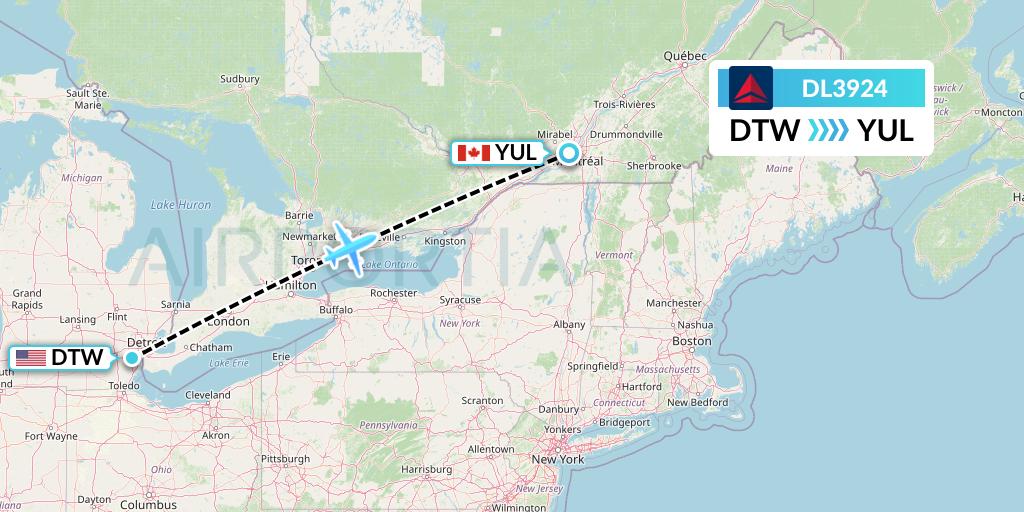 DL3924 Delta Air Lines Flight Map: Detroit to Montreal