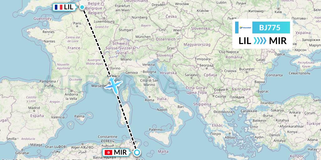 BJ775 Nouvelair Tunisie Flight Map: Lille to Monastir